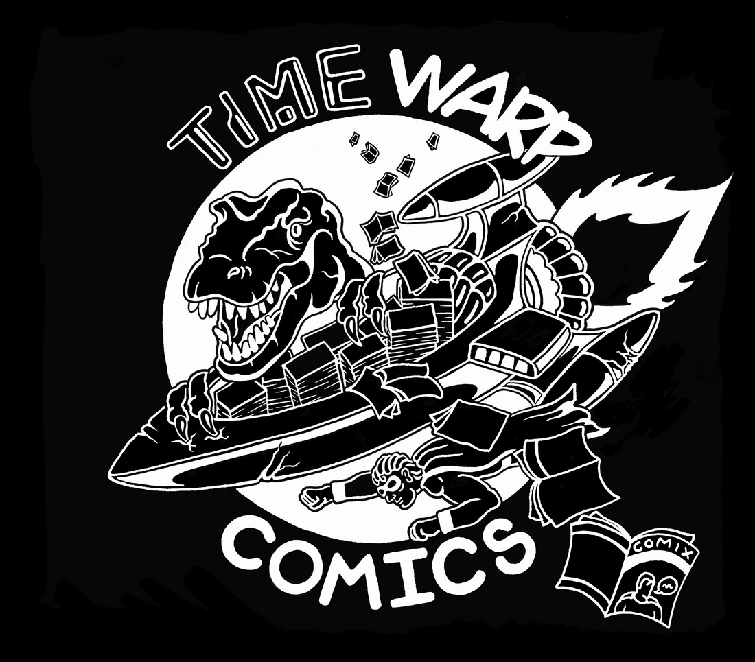 Time Warp logo in black and white. It shows a dinosaur riding a rocket ship